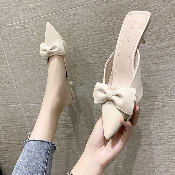 

slippers fashion women high heels pointed toe bowknot ladies slide, Black
