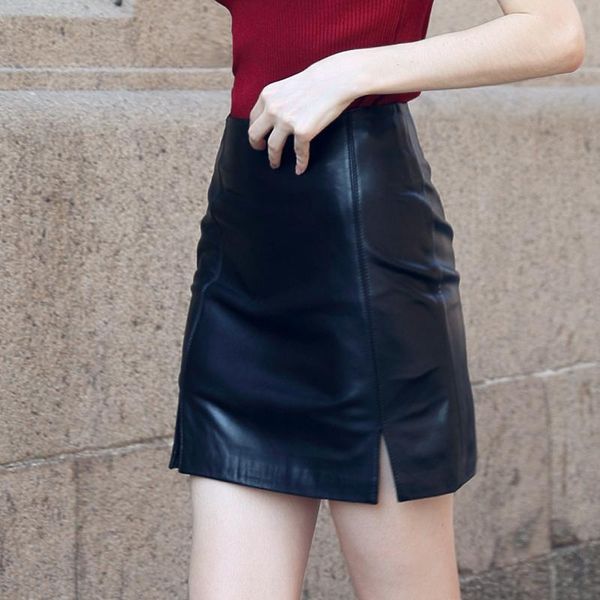 

skirts 100% fashion 2021 real leather sheepskin mini womens streetwear a-line wrap skirt black office lady s-3xl