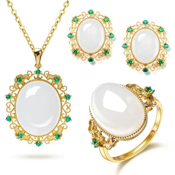 

jewelry sets chalcedony pendant neckalce stud ring charm hetian jade agate 925 silver natural amulet gifts for women, Black