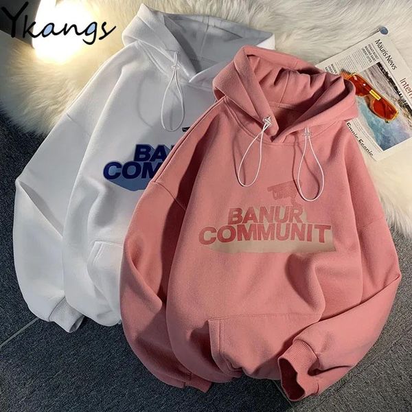 

women's hoodies & sweatshirts fall/winter plus velvet pullover korean loose hooded ladies blouse outdoor all-match long sleeve printed, Black