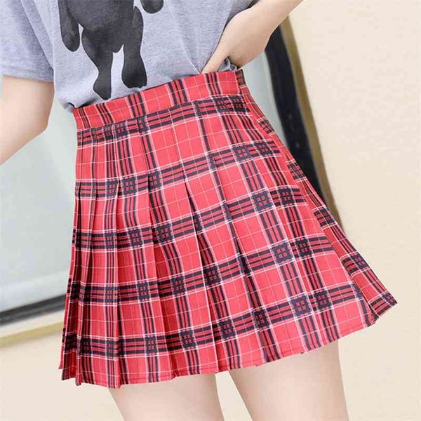 

korean style plaid women summer elegant high waist a line pleated skirt kawaii girls dance mini skirts for teenagers 210416, Black