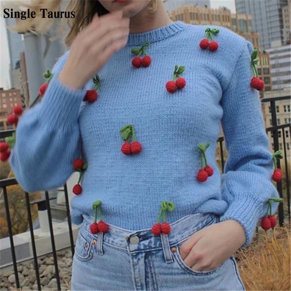 

women's sweaters hand knitted cherry embroidered sweater long sleeve o neck mohair casual loose pullover fall autumn winter ladies jump, White;black