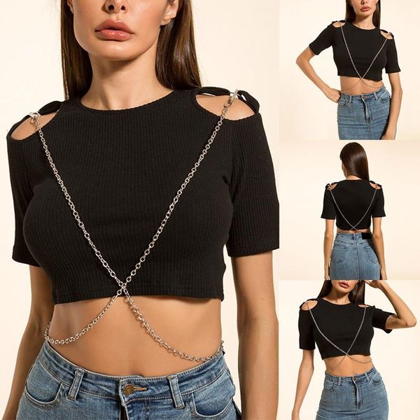 

women's t-shirt fashion solid color hollow chain navel slim short black, White