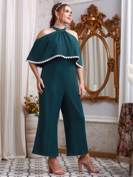 

plus halterneck cape sleeve guipure lace trim jumpsuit j3kt#, Black