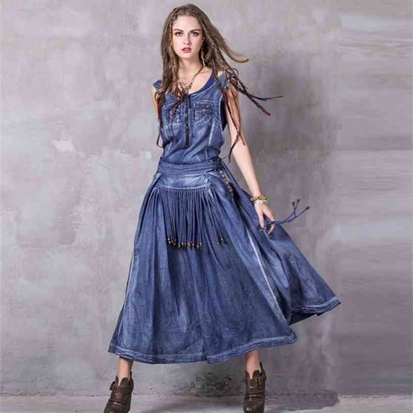 

casual dresses womens summer denim female o-neck sleeveless swing hem maxi sunes boho vestidos a-line embroidery d606 tteg, Black;gray