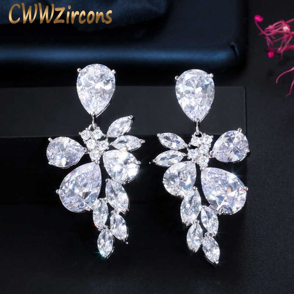 

austrian design flower shape cubic zirconia big crystal drop bridal long earring for wedding brides accessories cz247 210714, Silver