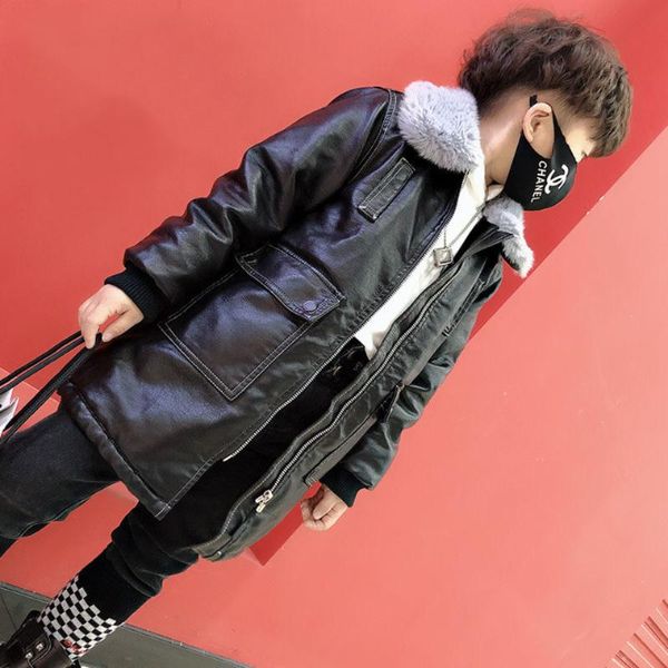 

jackets kids coats boys 2021 autumn winter black color jacket fur collar warm faux leather thicken outwear for 3 4 6 8 10 12 14yrs, Blue;gray