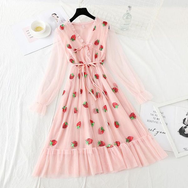

dresses v-neck pink women elegant long sleeve strawberry sequin sweet mesh 2021 summer ruffles midi vestidos, Black;gray