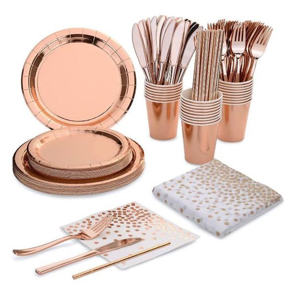 

selling party rose gold dot tableware set bronzing paper tray cup towel tablecloth