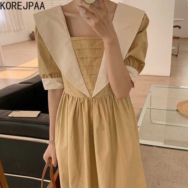 

korejpaa women dress summer korean chic hepburn style pointy collar pleated contrast color high waist puff sleeve vestidos 210526, Black;gray