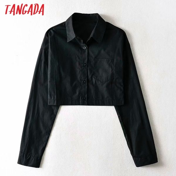 

women retro solid black crop long sleeve chic female slim shirt 3d47 210416, White