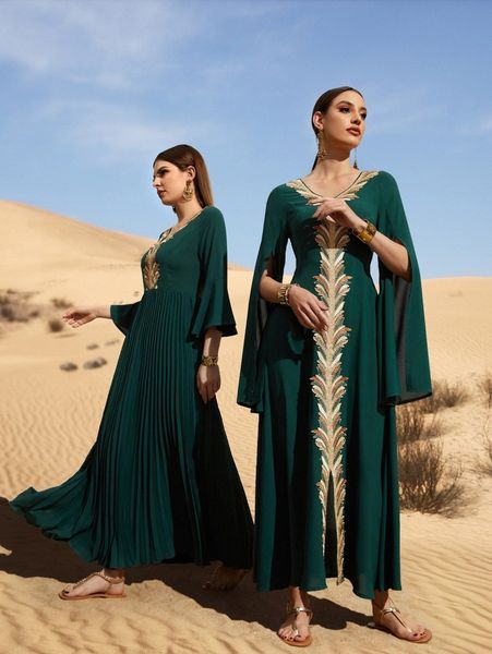 

1pc plant embroidered applique slit sleeve dress m4qp#, Black;gray