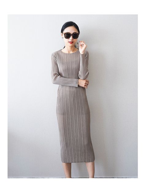 

dress summer miyake pleated one-piece o-neck long sleeve straight, Black;gray