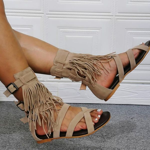 

sandals 2021 great quality leisure classic vintage rome gladiator fringes summer flat comfy walking big size 47 woman shoes, Black