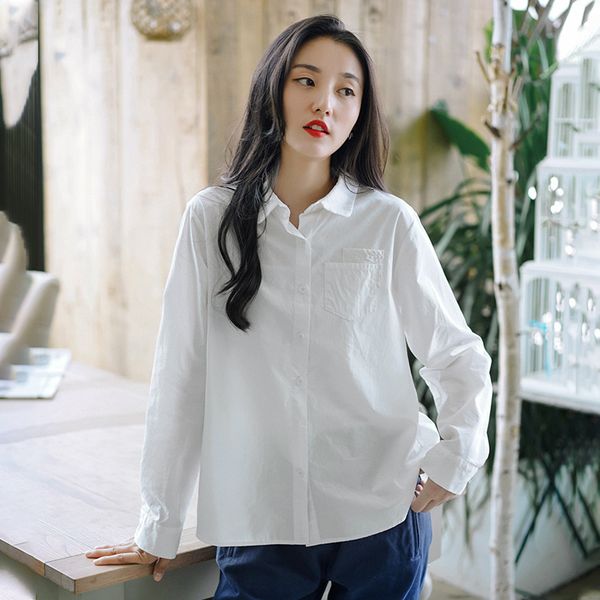 

johnature women white cotton shirts casual loose blouses long sleeve turn-down collar autumn button soft shirts 210521