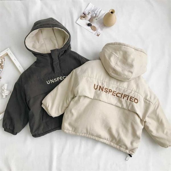 WLG Inverno ragazzi ragazze parka bambini velluto con cappuccio manica lunga lettera stampata beige grigio cappotto bambino vestiti spessi 211203