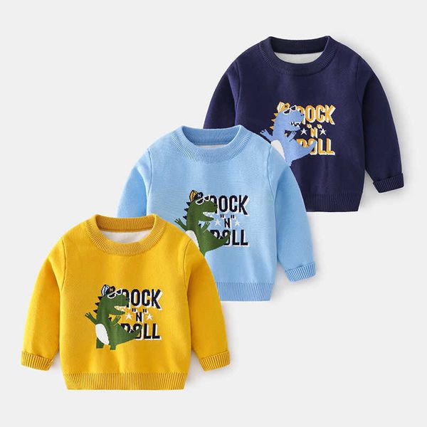 

autumn new boy round neck casual cartoon rock dinosaur pullover sweater y1024, Blue