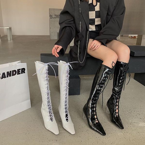 

boots pointed toe women knee high cross tied lace up back zipper thick clear heels summer pumps 39, Black