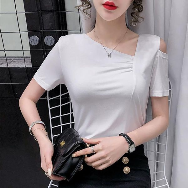 

women's t-shirt summer cotton women tshirt short sleeve skew neck soild korean fashion white casual slim off shoulder tee shirt femme t