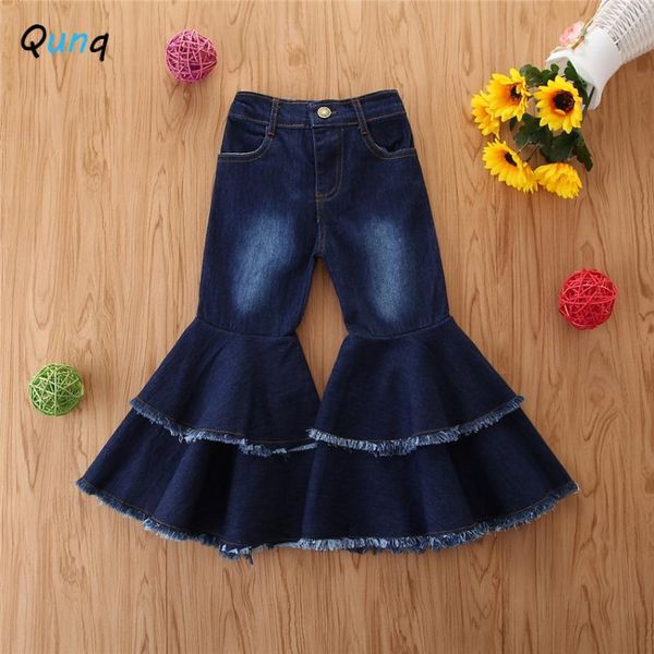 

europe and america style girls jeans 2021 fashion kids boot cut pants for girl elastic waist broken hole children trousers, Blue