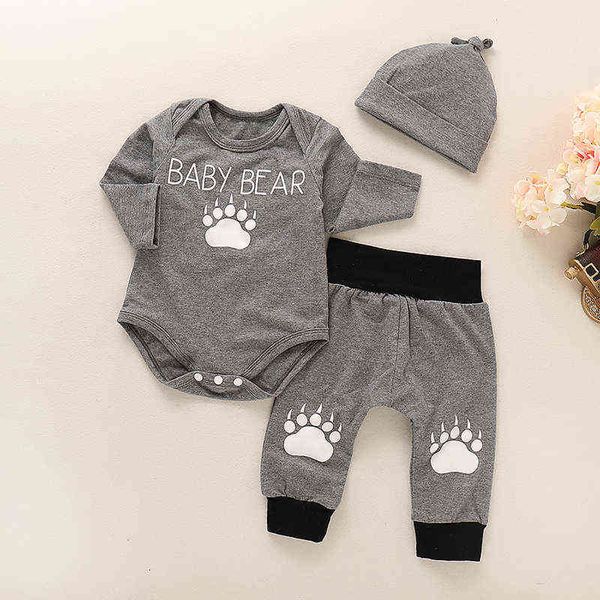 

newborn baby romper sets 3pcs hat gray boy baby playsuit long sleeve infan clothing bebe bodysuit climbing sets cotton clothes g1028, White