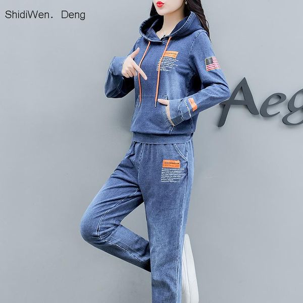

co-ord set denim two piece women 2021 hoodies pant suits and winter autumn outfit clothing matching jeans 2 pc sets women's pants, White