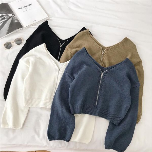 

women v neck sweater 2021 spring autumn casual long sleeve zipper pullover crop ladies short knitted sweaters women's, White;black