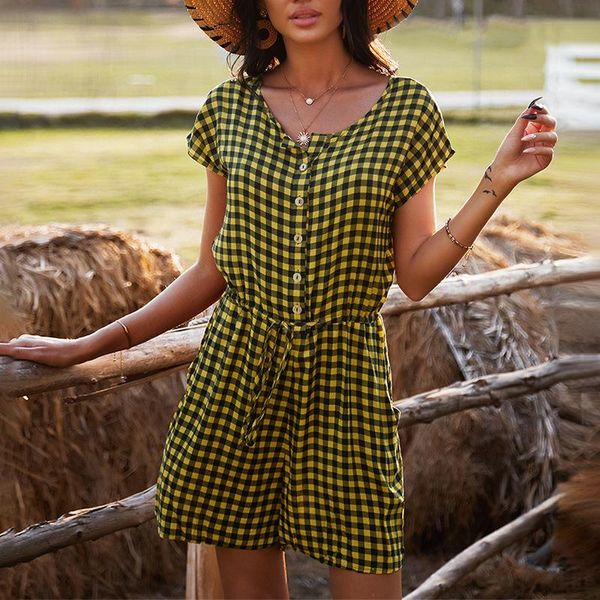 

casual dresses fashion plaid print classic short sleeve dress women's 2021 summer cotton mini female vestido, Black;gray