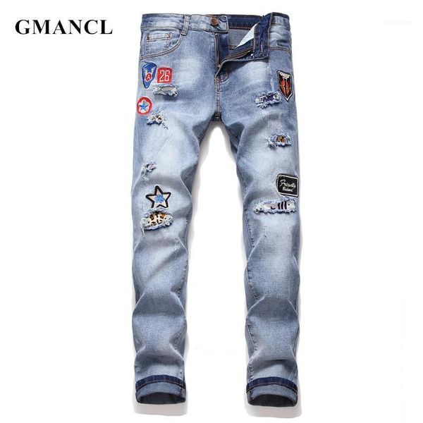 

men's jeans men ripped skinny streetwear knee holes badge embroidery destroyed patch male stretch casual joggers denim trousers1, Blue