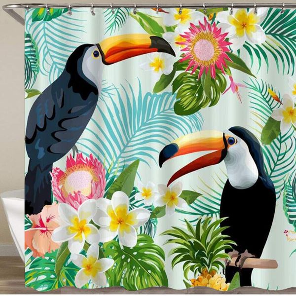 

shower curtain,toucan cartoon bird green plant flower,polyester fabric waterproof bath curtains hooks included - 72 x 72 inches