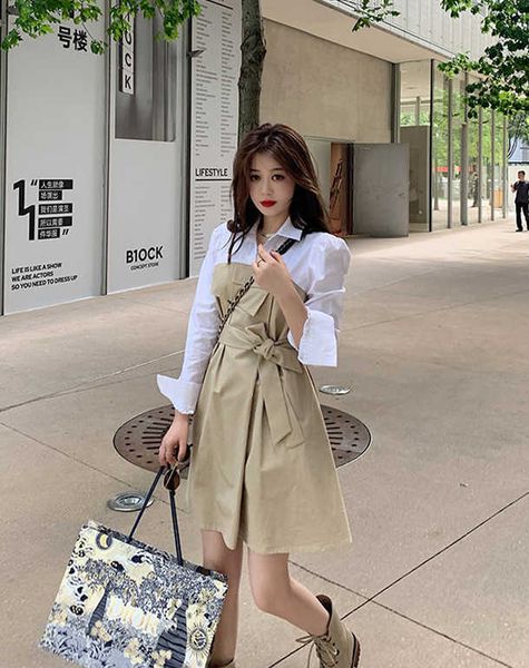 

ahy long sleeved shirt dress women's 2021 autumn new waist closing slim fake two-piece a-line casual skirt, White