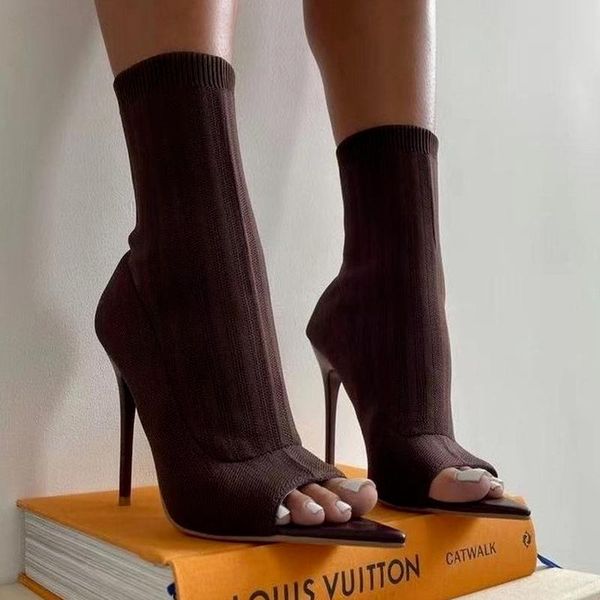 

dress shoes 2021 fashion hollow out knit open toe sandals lady elegant stiletto high heels slip-on ankle boots solid casual breathable, Black