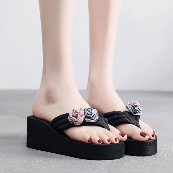 

dress shoes flip flops summer thick-soled non-slip women casual shoe female high heel sandal woman flower beach slippers, Black