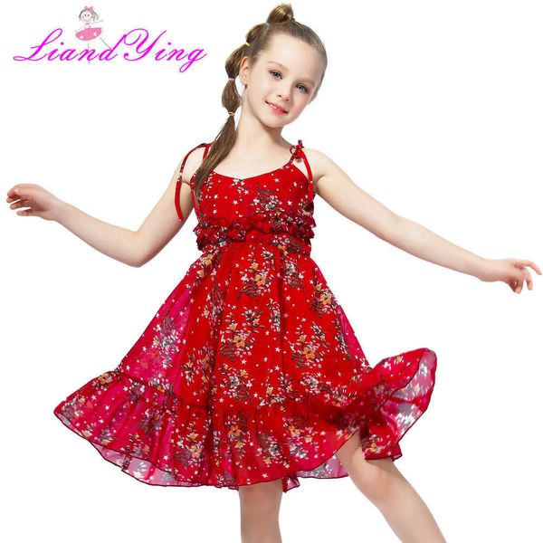 Cute Girl Summer Fluffy Red Floral Dress Bambino Bambino Bambini Baby Girl Dress Senza maniche Sling Tutu Dress Vestito estivo colorato 1-12Y Q0716