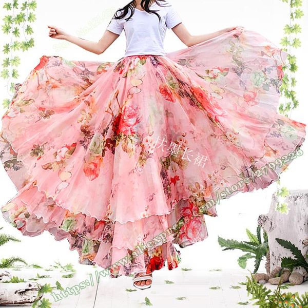

skirts 2021 spring summer large plus size 7xl 8xl 6xl bohemia fashion holiday pink floral flower chiffon female skirt designs women, Black