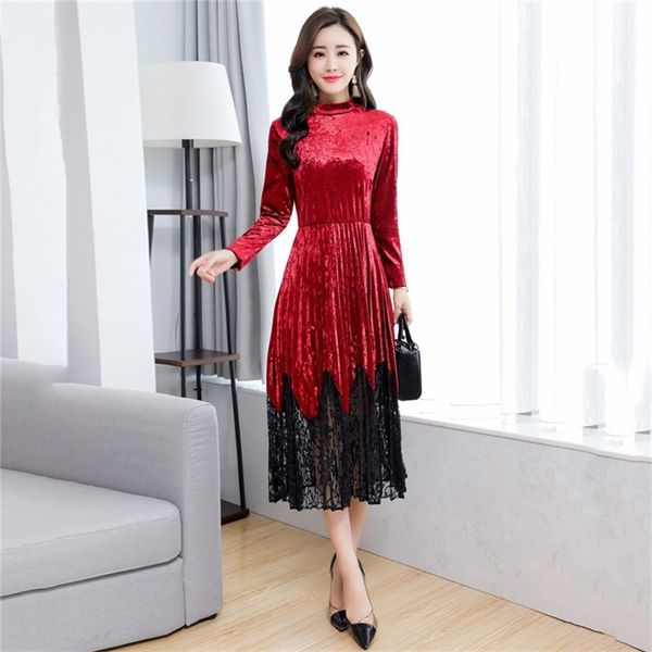 

winter dress women wine red lace stitching long sleeve turtleneck es autumn korean office elegant maxi lr227 210531, Black;gray
