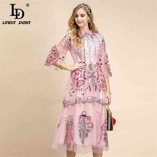 

fashion designer summer elegant party dress women turn-down collar sumptuous mesh embroidered vintage midi 210522, Black;gray
