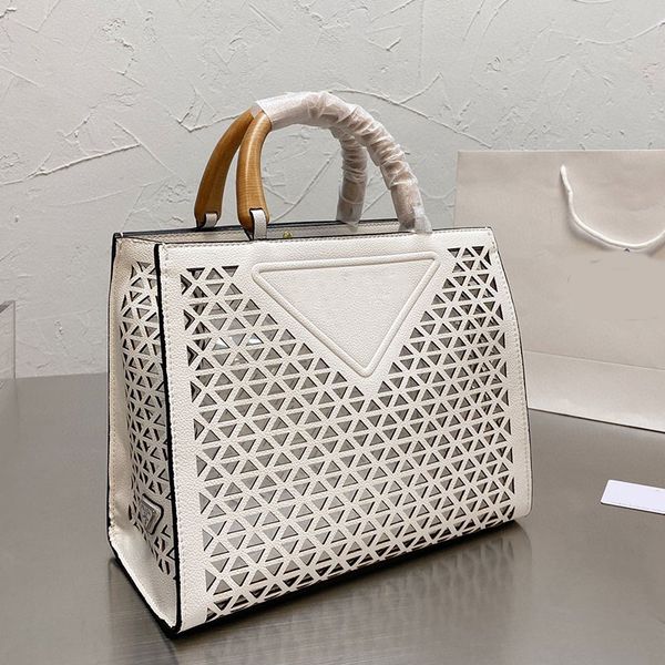 

wood handle shopping bag genuine leather tote bags hollow out beach bags designer purse large capacity handbag beach totes bags woman hand b