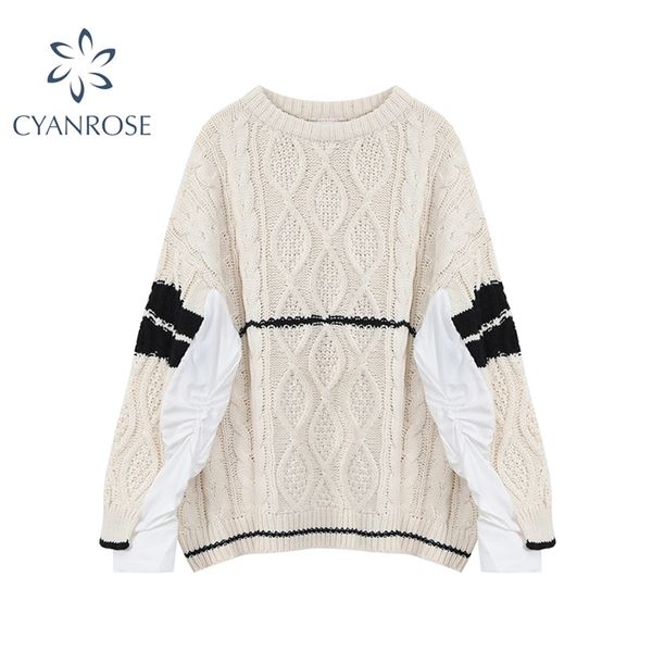 

women oversized sweaters winter long sleeve patchwork knitted pullover female harajuku o-neck loose ugly sweater jumper 210430, White;black