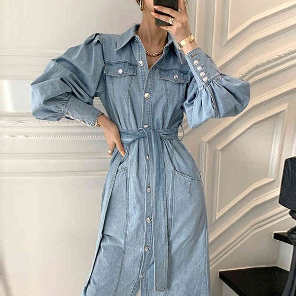 

spring korean chic casual turn down collar solid color single breasted lantern sleeve blue straight shirt dress 8p037 210510, Black;gray
