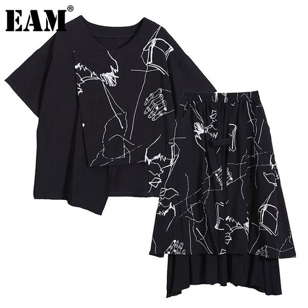 

[eam] elastic waist half-body skirt two pieces suit round neck short sleeve black women fashion spring summer 1dd7754 21512, White