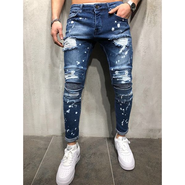 

foreign trade ripped men's jeans stretch slim pleated trousers, Blue