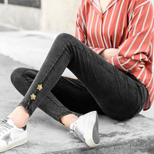 

women's pants & capris beading star black pencil women washed jeans skinny leggings high waist pockets slim thin thick trousers student, Black;white