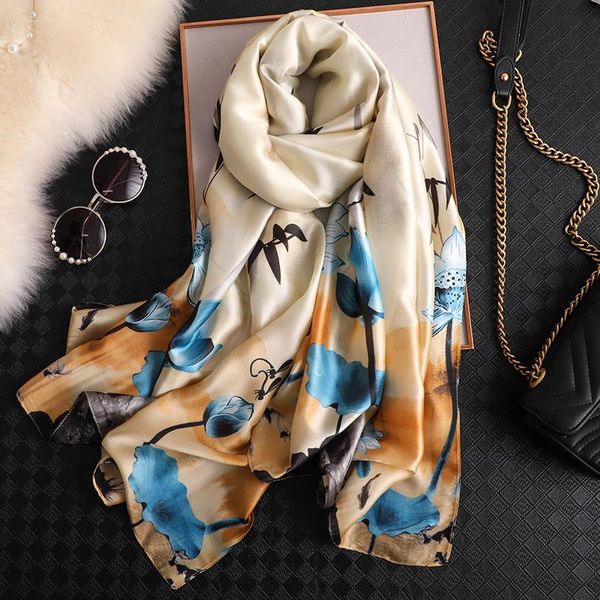 

scarves women imitation silk scarf retro lotus print shawls office lady soft wraps female headscarf beach towel gift 90x180cm, Blue;gray