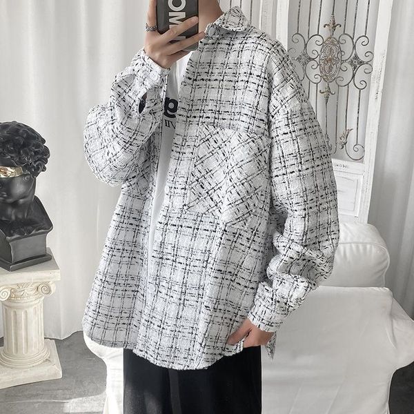 

spring and autumn male plaid shirt korean fashion casual jacket released man harajuku streetwear retro sleeve men's jackets, Black;brown