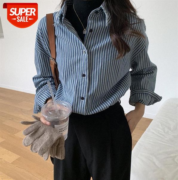 

huang zheng retro distressed denim striped long-sleeved shirt female korean loose c28365 #4h7o, Black;gray