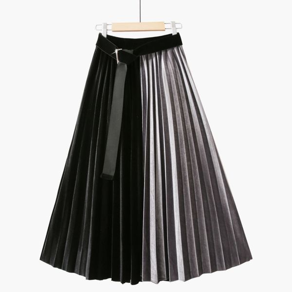 

skirt miyake fashion patchwork pleated veet high belt a-line skirt, Black