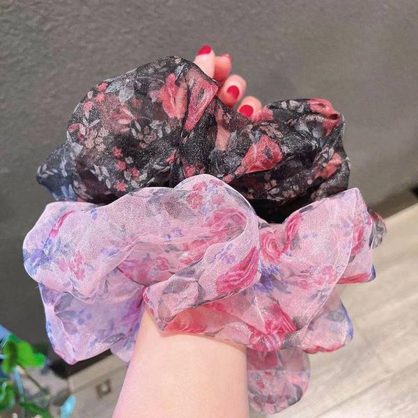 

hair accessories sweet flowers mesh scrunchies women romantic pink blue rope transparent tulle organza ties ring