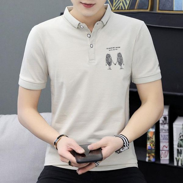 

summer short sleeve handsome men's print abstract pattern fingerprint lapel comfortable fashion slim soft loose t-shirt t-shirts, White;black