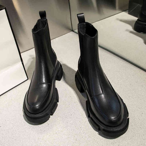 

boots ankle boots for woman with thick bottom toe round foot genuine black leather all-match women's platform shoes ev5t